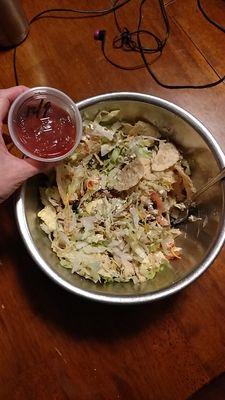 A "well mixed" salad and old salsa.