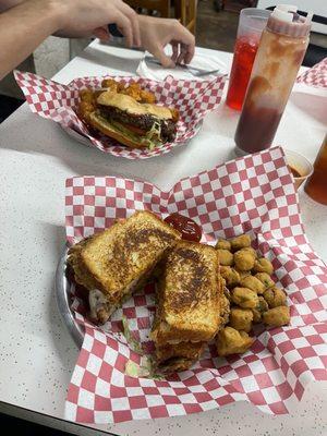 Bacon cheeseburger and Buffalo ranch chicken sandwich
