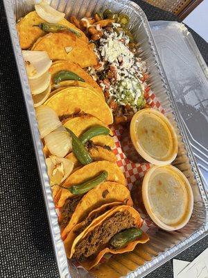 Party pack: asada fries, birria tacos and consomé!!! (churros and Ice cream are excluded, we had them on the side.)