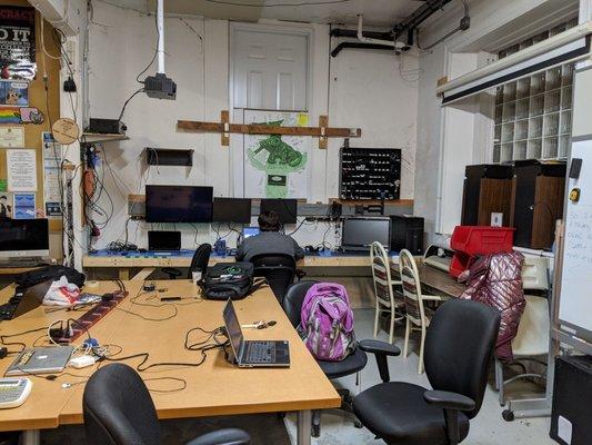 Computers and various gadgets. The place has unusually high speed Internet for upload and download