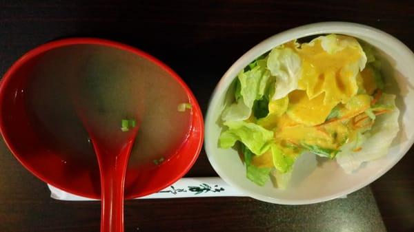 salad with ginger dressing, and miso soup (first time I've had it served with seaweed.) *don't know why the photo is upside down
