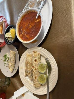 Chorizo potato egg and cheese burritos, pozole rojo, barbacoa taco