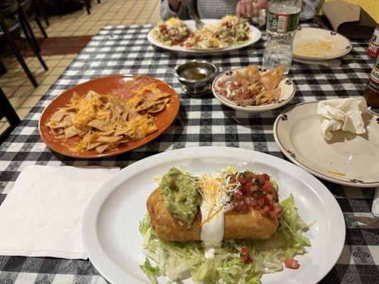 Chimichanga, nachos with cheese