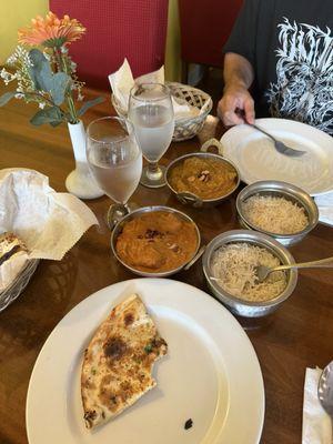 Chicken Korma, Garlic Naan, and Chicken Tikka Masala
