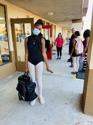 My Daughter wearing her leotard & Ballet shoes from Cadence Dancewear!