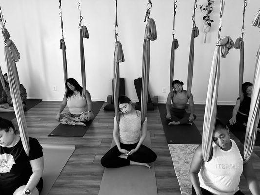 Aerial yoga is beneficial for reducing stress and tension from your mind and body.