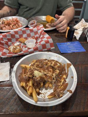 Debris fries, fried pickles, shrimp broil (little eaten)