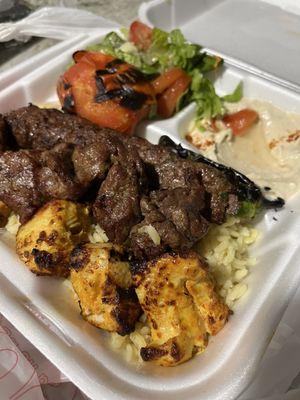 3 meat plate with chicken, beef and lamb