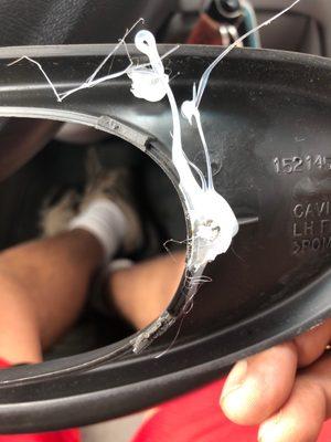 Door bezel driver side broken and hot glued back to the door, had to buy a new replacement