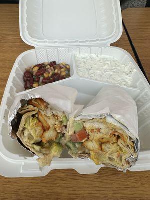 Chicken wrap was a bit dry, but they have yummy sides of tzatziki and a bean/olive salad