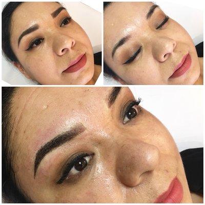 Client's makeup, natural brow and microbladed + shaded brows (bottom)