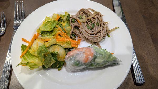 Asian Buffet night: Soba noodles, shrimp summer roll, and a refreshing green salad.