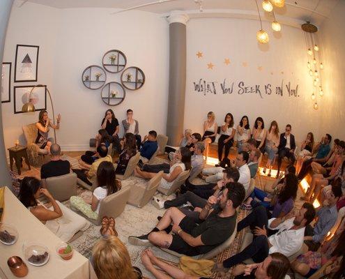 Balancing breath relaxation exercise, at the official opening night party of our new Soho studio! Come by: https://zivameditation.com/events