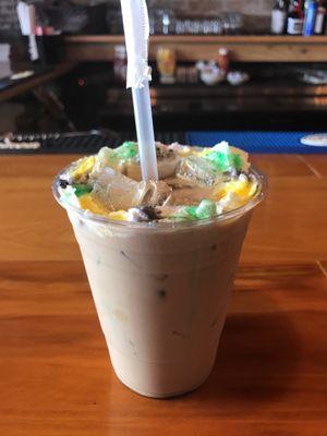 Iced coffee done up for Mardi Gra