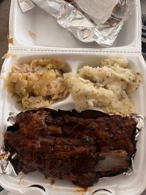 Ribs, cabbage, and mashed potatoes
