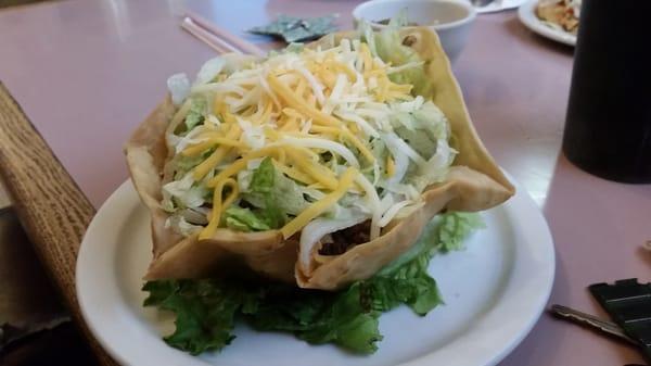 Taco Salad: Ground beef & beans, Green Chili on the side, No tomatoes.