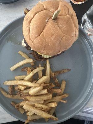 Another angle of the smash burger and fries.