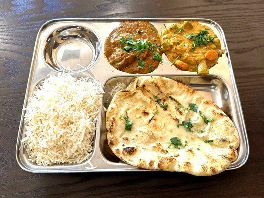 Two Entrée Thali Platter with Butter Chicken, Vegetable Korma, Rice and Garlic Naan - Mmm!