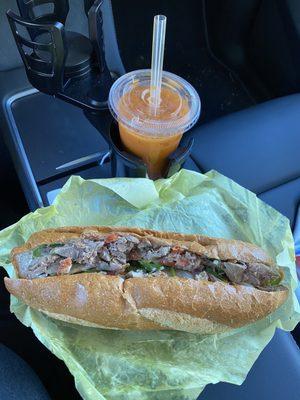 306. Roast Duck banh mi & 115. Iced Thai Tea with boba