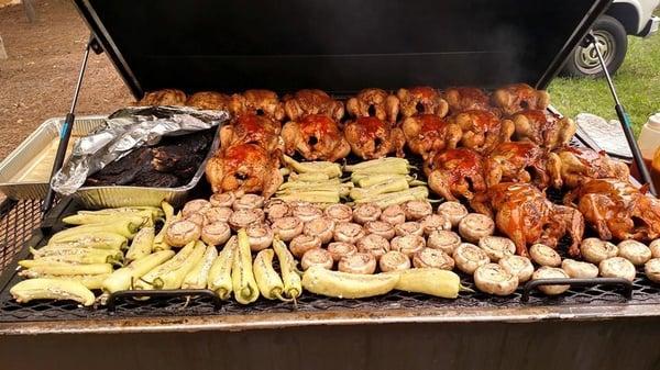 Grilled banana peppers, mushrooms, whole chickens, Pork BBQ