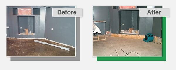 Before and after basement water cleanup