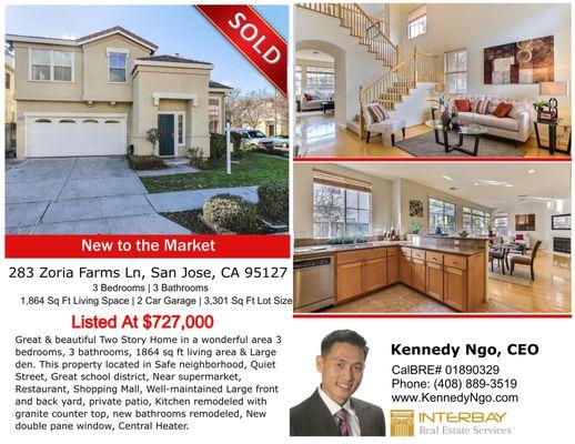 283 Zoria Farms Ln, San Jose, CA 95127 Listed At $727,000 Sold In 10 Days!!! 65K Above Sellers Expectation!!!