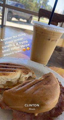 Birthday cake iced coffee and a hot Ham and cheese bagel