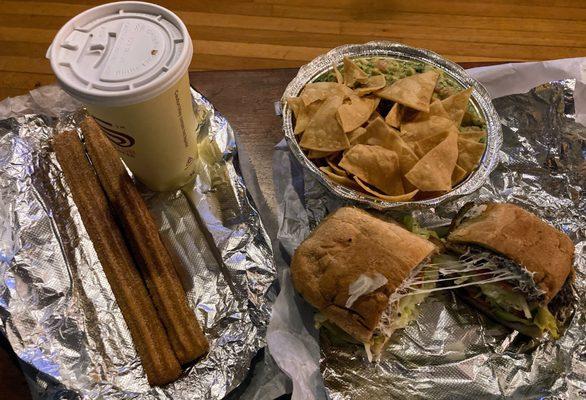 Churros and Champurrado, Guacamole and Chips and Milanesa de Pollo Torta