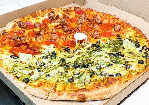 Large -1/2 artichoke, black olive and garlic, 1/2 pepperoni and sausage.