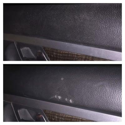 Second area of rips in the rear passenger door before and after.