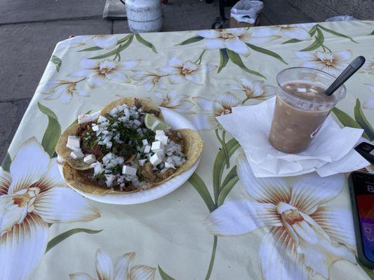 Chicharon en salsa verde, bistek, (Oaxcana) chorizo y papa, and lengua with beans on the side