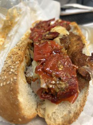 Chicken Cutlet loaded. Sweet roasted red peppers. Sharp Provalone