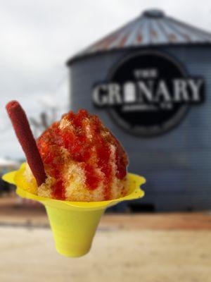 Shaved Ice Mangonada. Comes with flavor of your choice, chamoy, Tajin liquid or powder, and a tamarind candy straw