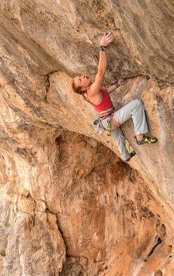 "Reach" - Delaney Miller working on her project "Solid Gold" (5.14c), The Cathedral, Welcome Springs, UT.