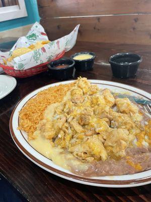 Chicken Chimichanga with rice and beans plus chips and salsa
