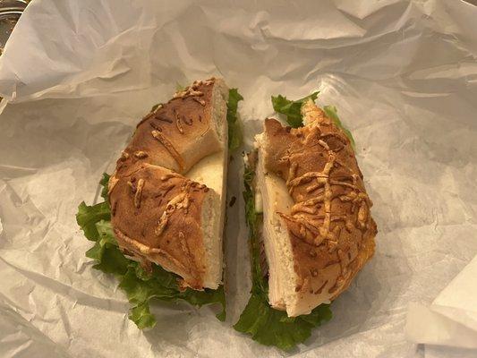Turkey sandwich on a toasted cheese bagel... yum!!!!!
