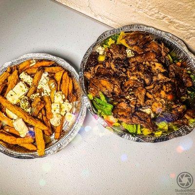 Greek salad with pork and Greek fries