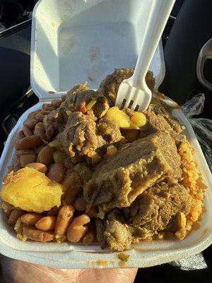 Beef stew, beans, and rice