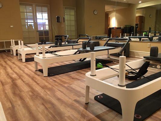 This is our Group Reformer Studio. Includes 9 Allegro 2 Pilates Reformers and a lot of sweat, hard work and FUN!