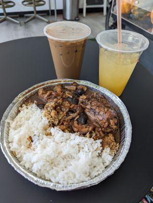Chicken adobo, Calamansi lemonade and iced coffee with oat milk.