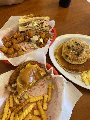 Club sandwich, tenderloin and kids pancakes