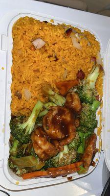 Shrimp & broccoli with brown sauce combination platter with pork fried rice and an egg roll (not pictured)