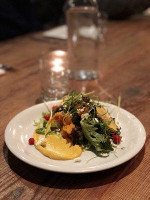 Ensalda de Calabaza: winter roasted squash, mixed local greens, feta, cranberries, squash dressing