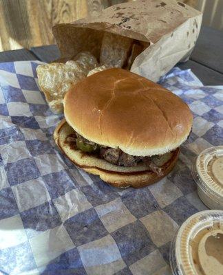 BBQ pork sandwich and fried pork rinds