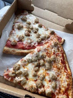 2 slices of sausage pizza $6.52 at lunch.