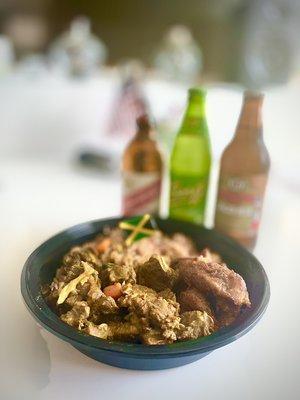 CURRIED GOAT with sweet plantain and rice & peas