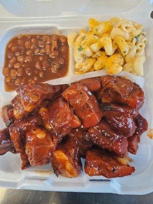 Rib tips, Mac and cheese, bangin baked beans
