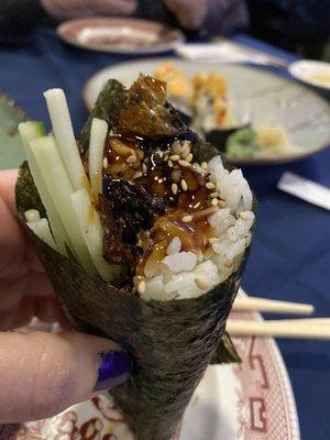 Salmon skin hand roll. Crunchy and fresh