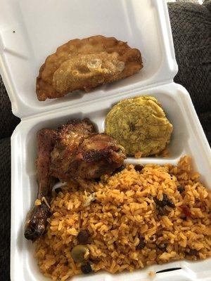 Chicken dinner plate and a chicken empanada.