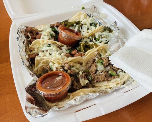 Tacos - carne, bean, and nopales.